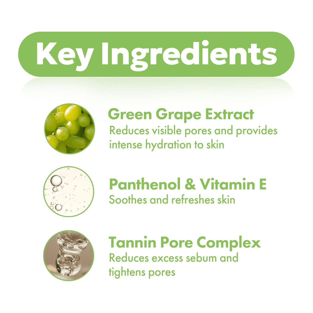 Ingredientes chave em Frudia Green Grape Pore Control com extrato de uva verde, pantenol, vitamina E e complexo de tanino para poros que hidrata a pele, reduz os poros e equilibra o sebo.