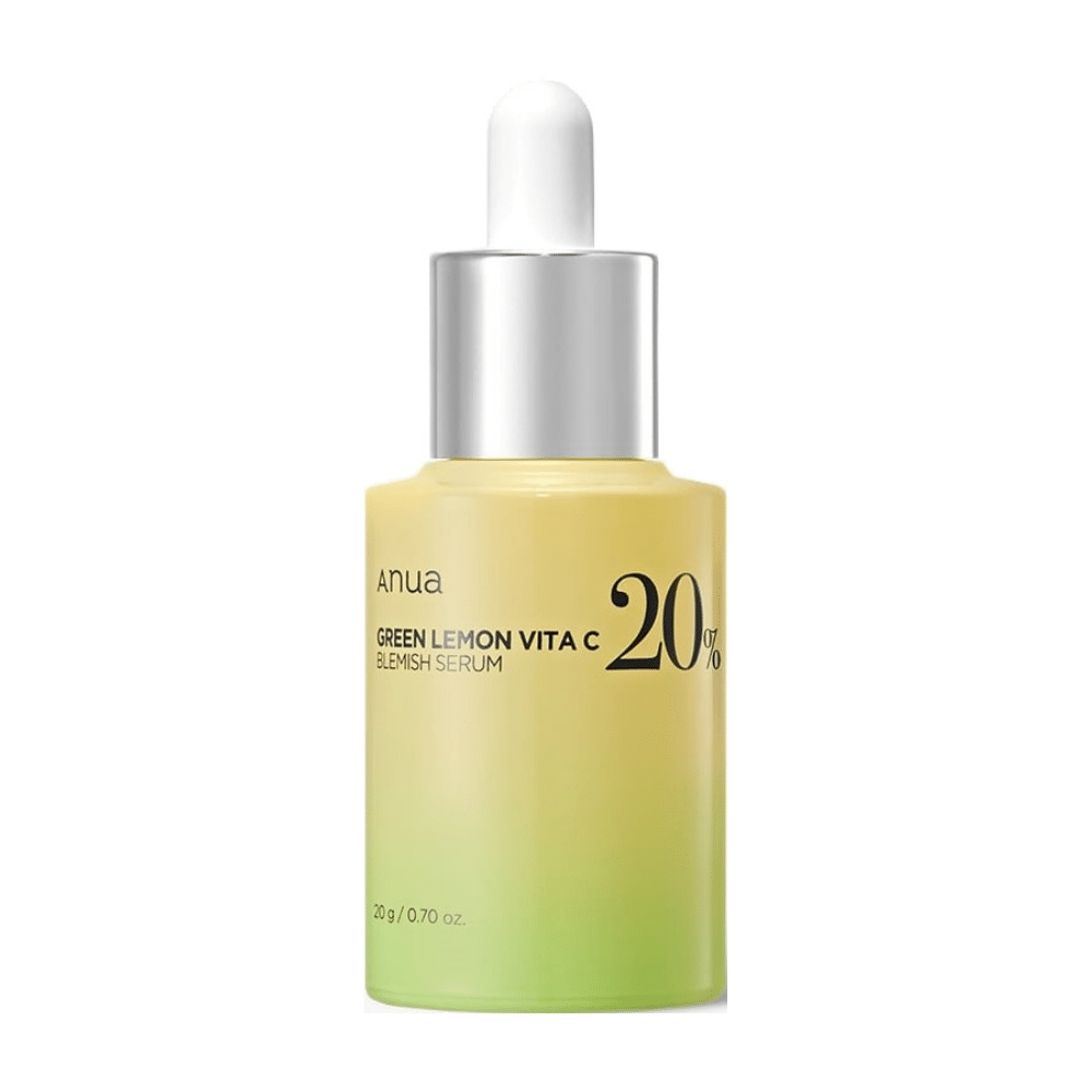 Garrafa com ANUA Green Lemon Vita C Blemish Serum, contendo 20% de vitamina C.