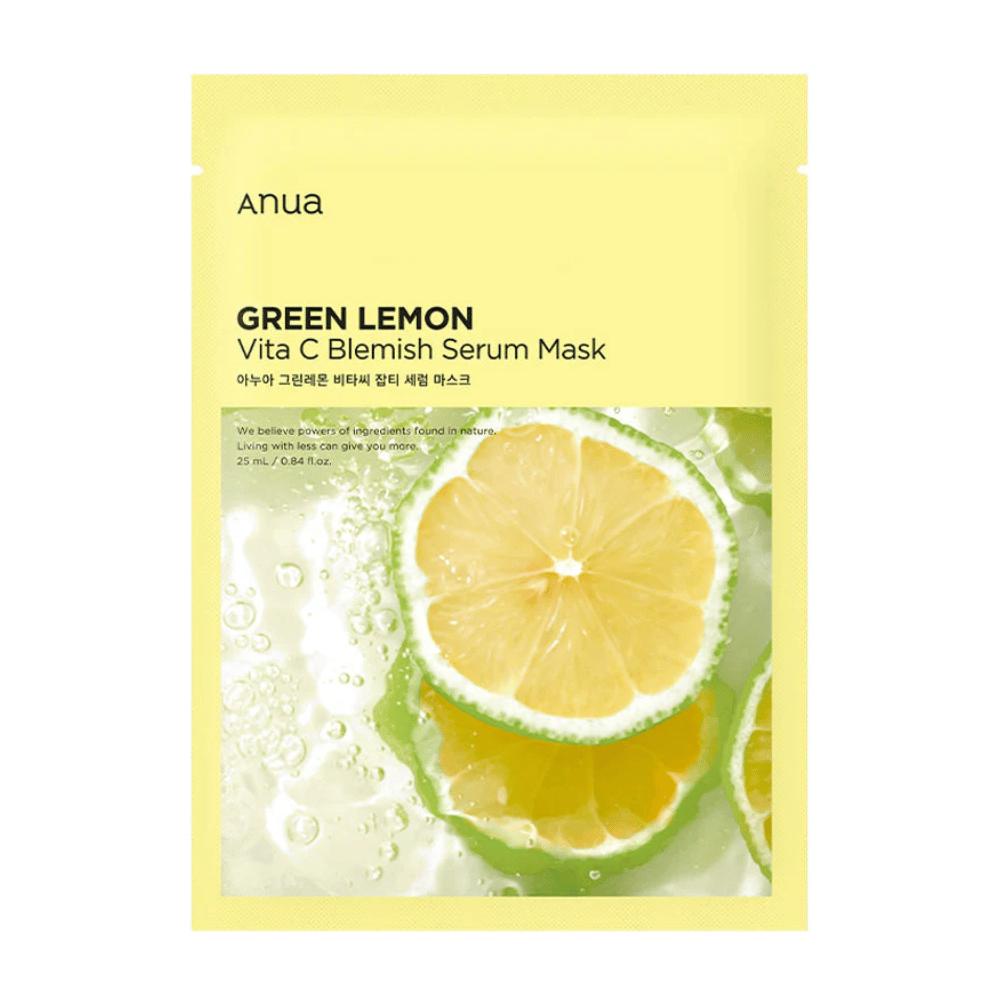 A embalagem de Anua Green Lemon Vita C Blemish Serum Mask destaca uma imagem clara de uma fatia de limão com gotas de água, sobre um fundo amarelo claro. O texto descreve seus ingredientes naturais e propriedades de cuidados com a pele.