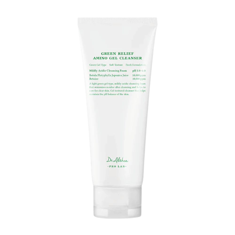 O produto mostra Dr. Althea Green Relief Amino Gel Cleanser – um gel de limpeza suave, vegano, com fórmula ligeiramente verde e pH 5.0–6.0 para pele sensível.