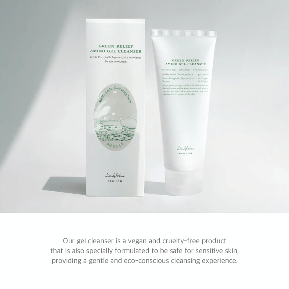 Dr. Althea Green Relief Amino Gel Cleanser é uma limpeza vegana, cruelty-free com textura de gel suave. Especialmente desenvolvida para pele sensível e uso consciente do meio ambiente.