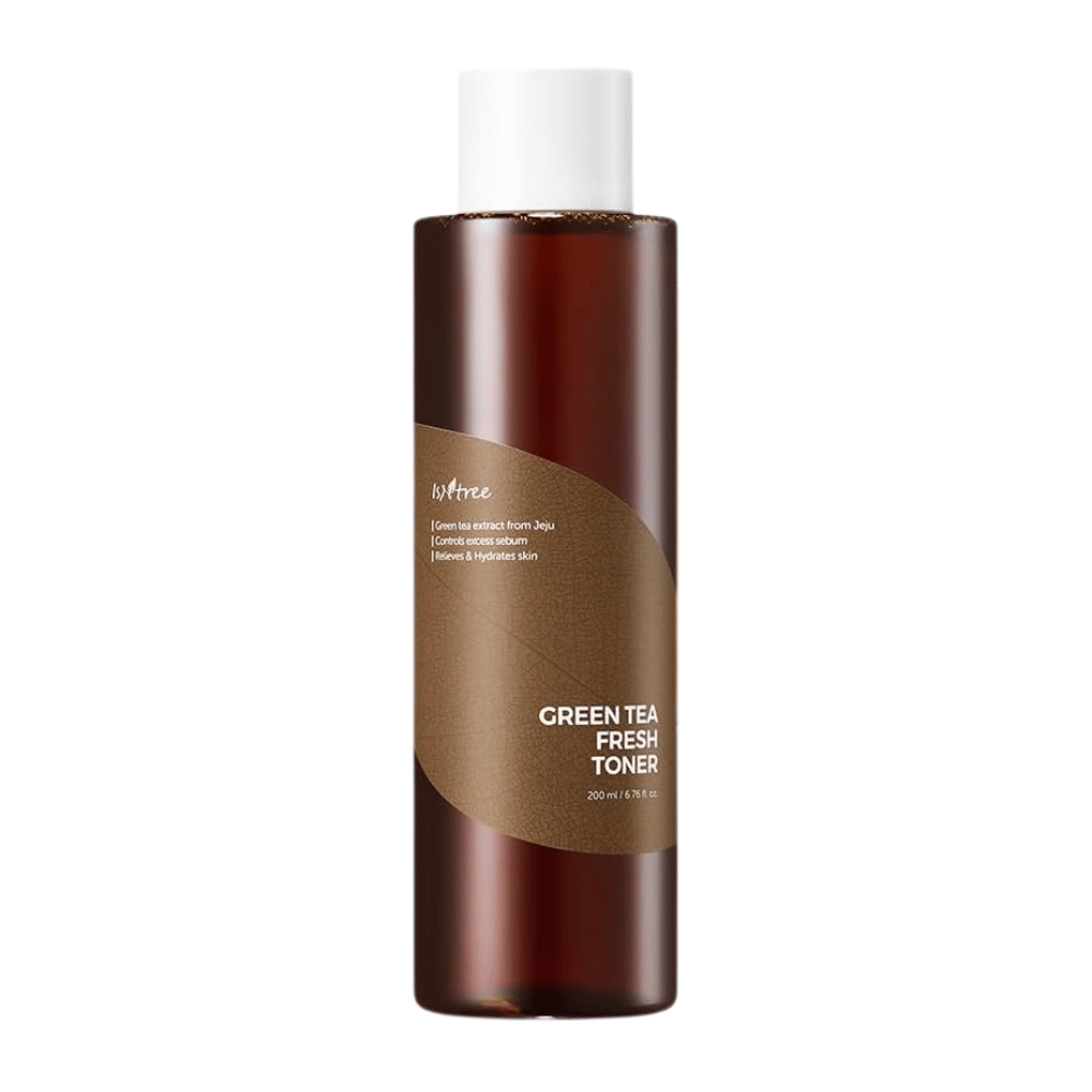Imagem do produto de Isntree Green Tea Fresh Toner sobre fundo branco. O tónico equilibrante de oleosidade com chá verde de Jeju ajuda a controlar o excesso de sebo, ao mesmo tempo que hidrata e acalma a pele.