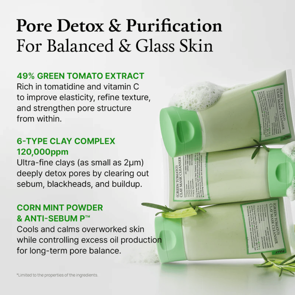 Imagem informativa sobre “Pore Detox & Purification” com ingredientes como extrato de tomate verde, argila e menta – juntamente com imagens do produto.