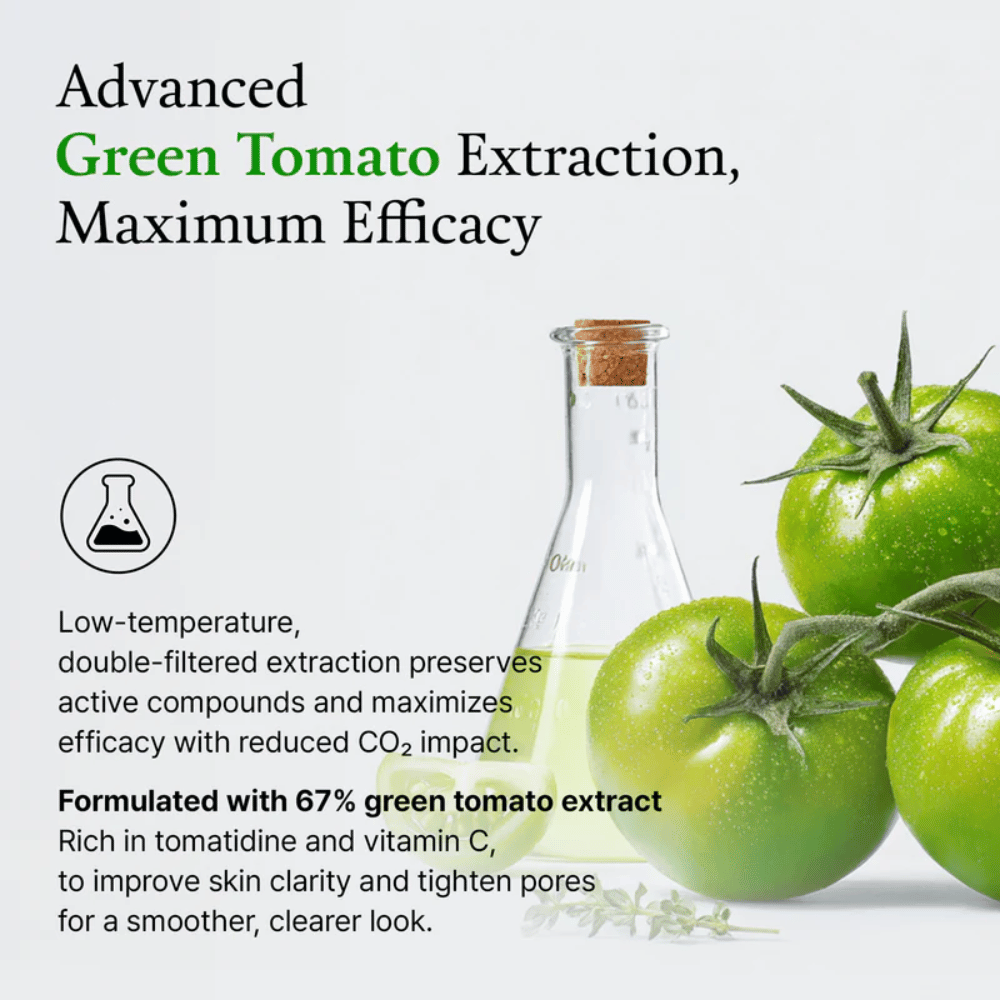 Imagem com tomates verdes e um frasco de laboratório que destaca o ingrediente “green tomato extract” e o seu efeito na pele.