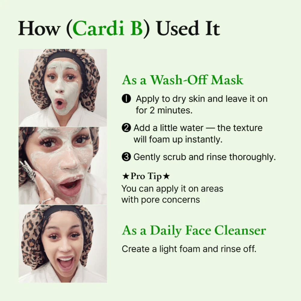 Imagem de instruções que mostra como o produto é utilizado, com uma pessoa a aplicar uma máscara facial. Passo a passo tanto para máscara como para limpeza diária.