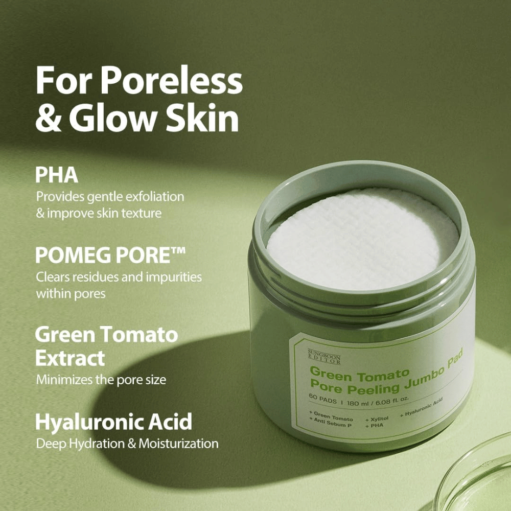 SUNGBOON EDITOR Green Tomato Pore Peeling Jumbo Pad – discos esfoliantes com PHA, extrato de tomate verde e ácido hialurónico