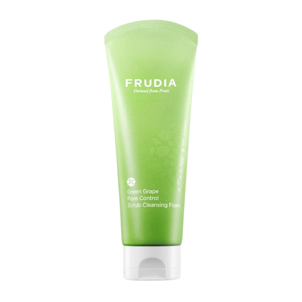 FRUDIA Green Grape Pore Control Scrub Cleansing Foam – poros reduzidos limpeza facial com extrato de uva verde que esfolia suavemente, limpa poros profundamente e equilibra o sebo para uma pele mais clara.