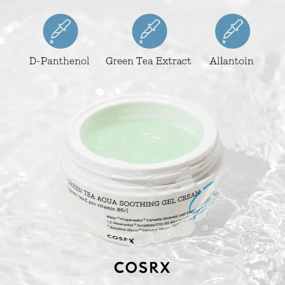 COSRX Green Tea Aqua Soothing Gel Cream – frasco aberto com creme-gel verde. Ingredientes principais: D-Pantenol, Extrato de Chá Verde e Alantoína para hidratação e efeito calmante.