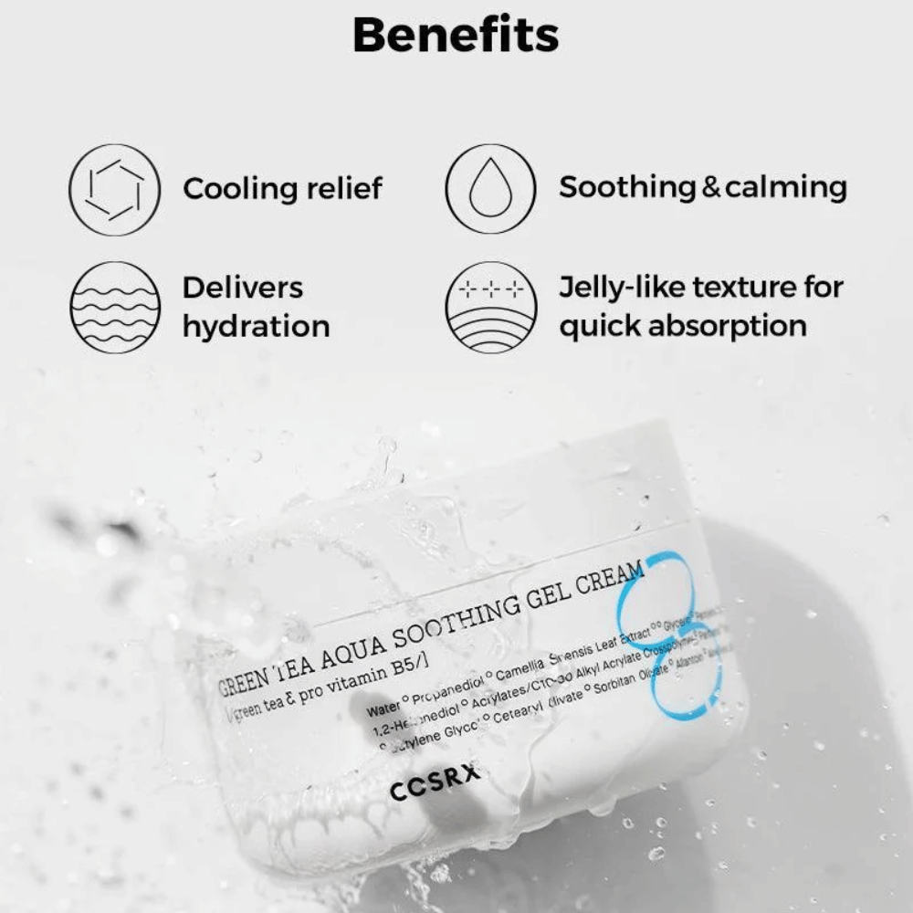 COSRX Green Tea Aqua Soothing Gel Cream – Vantagens: efeito refrescante, calmante e nutritivo, hidratação intensa e textura semelhante a gel para rápida absorção.