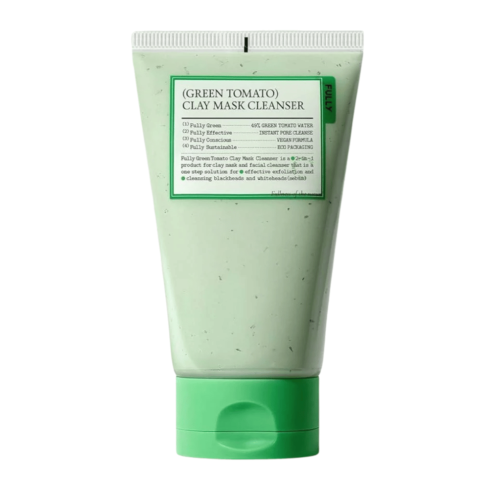 Uma imagem de produto de Green Tomato Clay Mask Cleanser num tubo verde sobre fundo branco. O foco está na embalagem e no design.