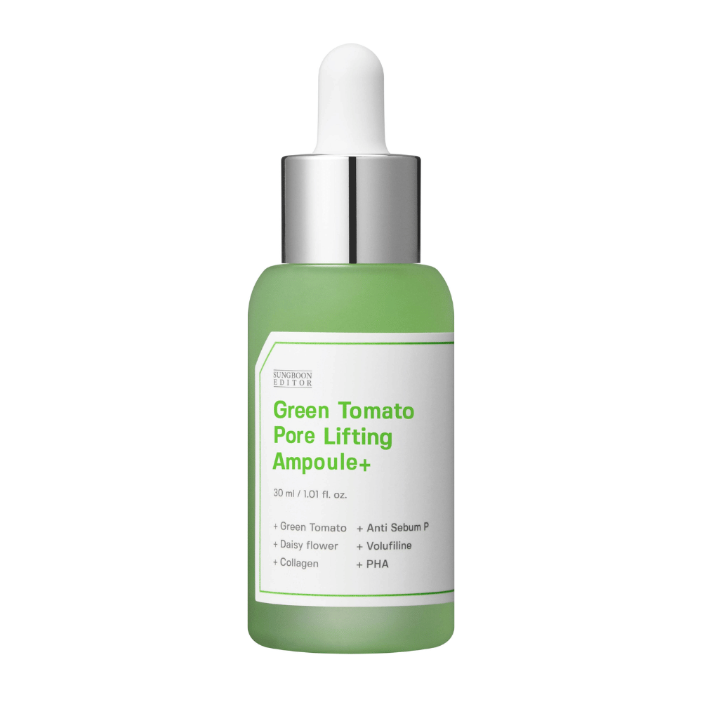 Imagem do produto isolada de Green Tomato Pore Lifting Ampoule+ em garrafa de vidro verde com conta-gotas.