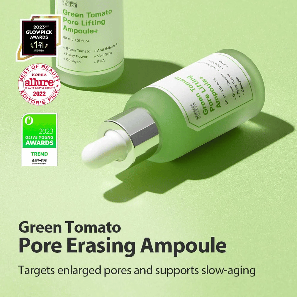 Imagem do produto Green Tomato Pore Lifting Ampoule+ com prêmios da Glowpick, Allure e Olive Young Awards 2023.