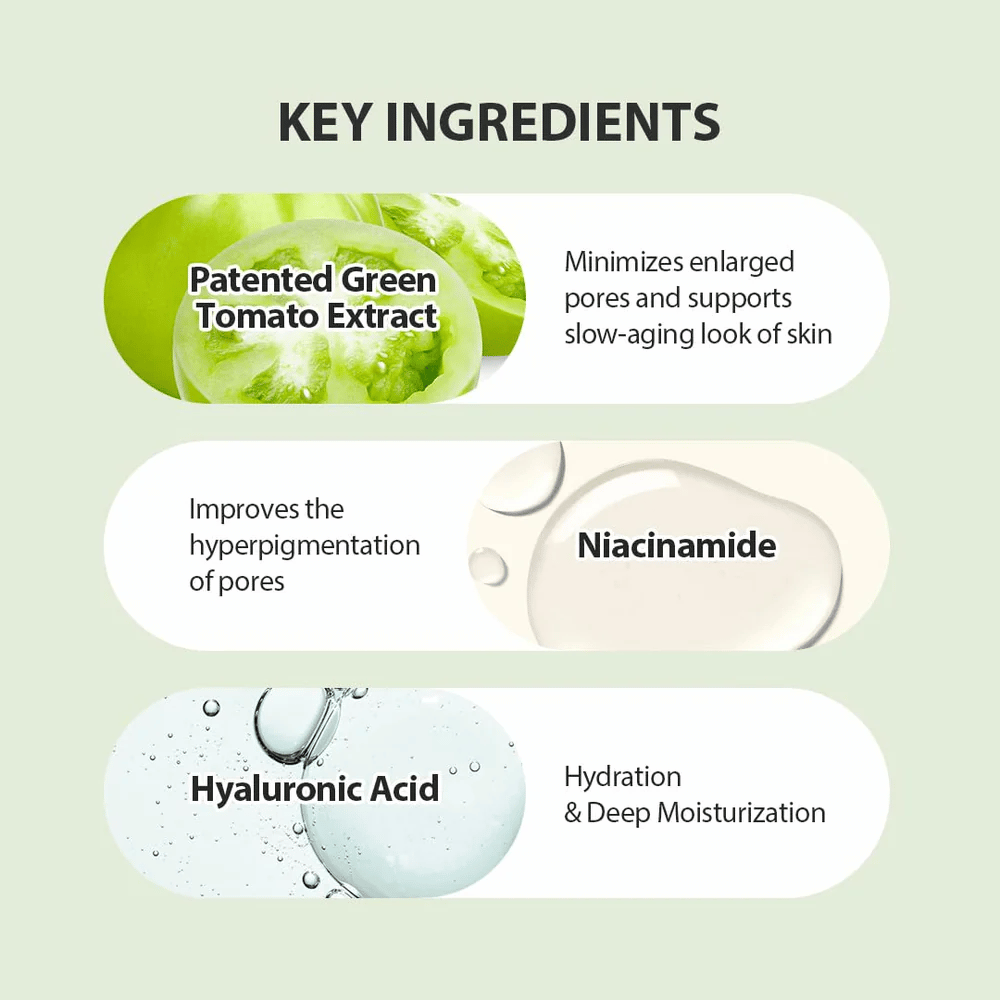Ilustração dos ingredientes chave em Green Tomato Pore Lifting Ampoule+ com tomate verde patenteado, niacinamida e ácido hialurônico.