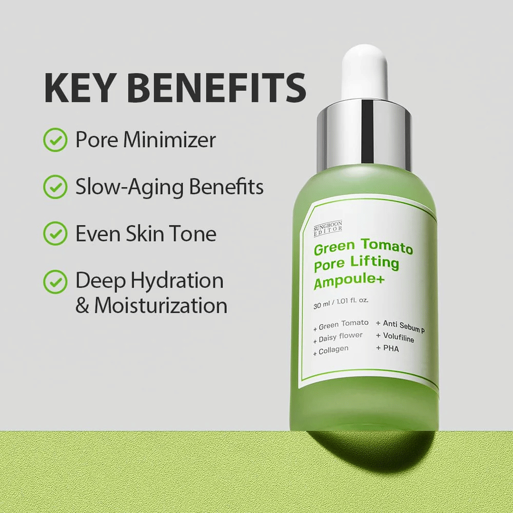 Green Tomato Pore Lifting Ampoule+ com frasco conta-gotas em fundo verde, listadas as principais vantagens como redução de poros, anti-envelhecimento, tom de pele uniforme e hidratação.