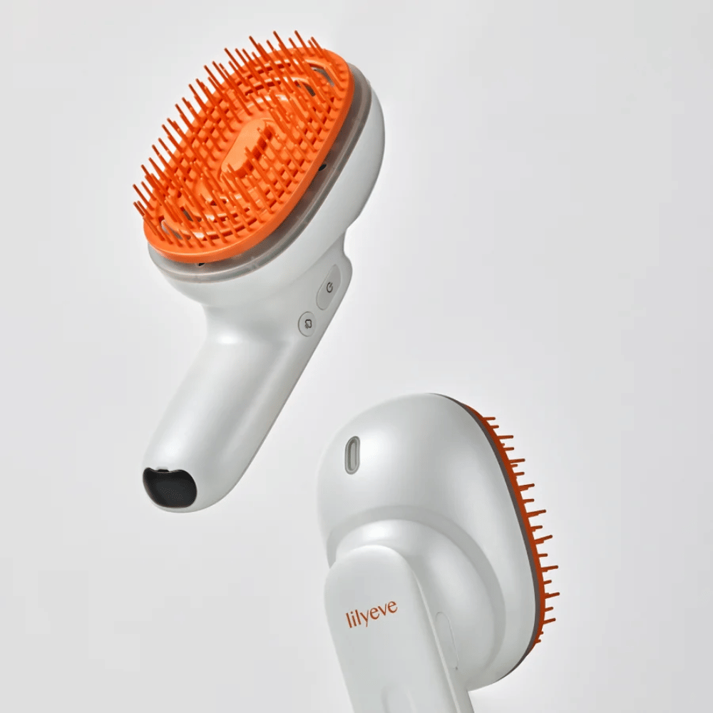LILYEVE GrowTurn Brush Steam Booster – frente e verso com pega ergonómica e cerdas laranja