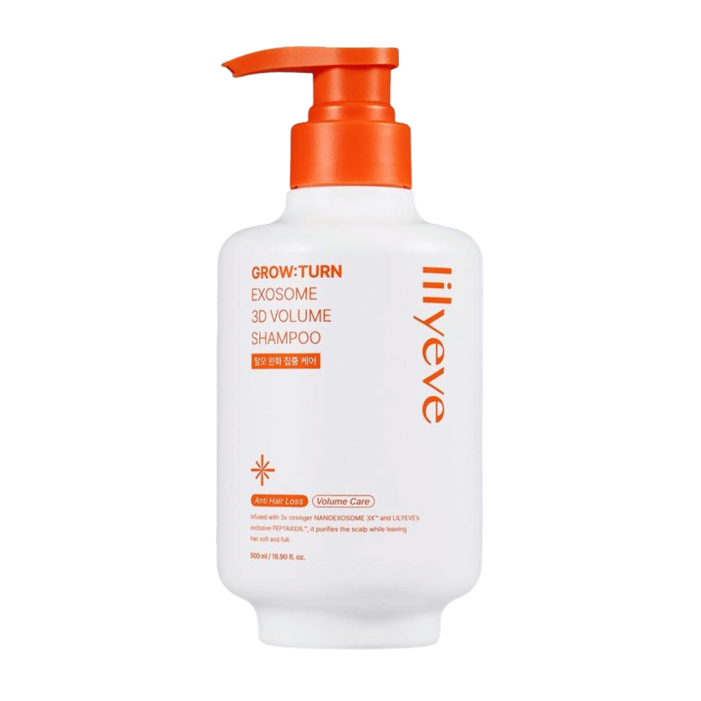 LILYEVE Grow:Turn Exosome 3D Volume Shampoo em frasco branco com doseador e detalhes laranja para o cuidado do couro cabeludo