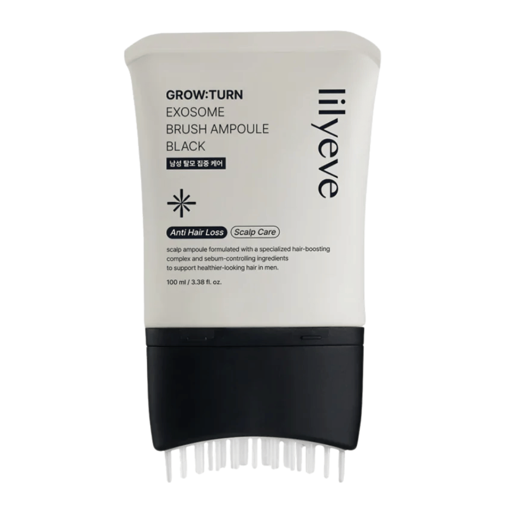 Imagem de produto recortada de LILYEVE Grow:Turn Exosome Brush Ampoule Prime sobre fundo branco. O aplicador de escova integrado facilita a aplicação do sérum diretamente no couro cabeludo para cuidados diários do cabelo e do couro cabeludo.