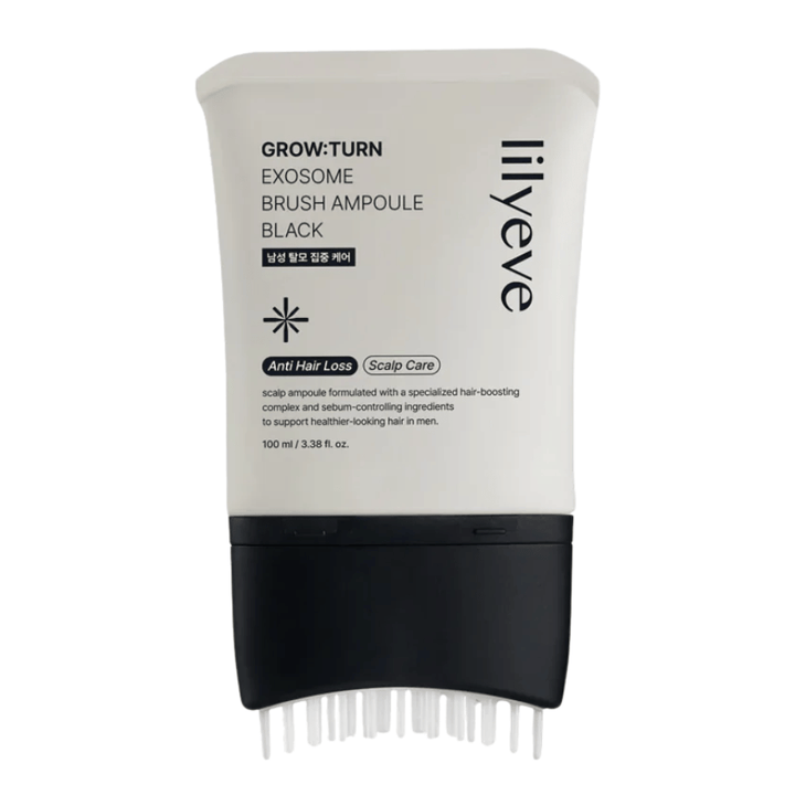 Imagem de produto recortada de LILYEVE Grow:Turn Exosome Brush Ampoule Prime sobre fundo branco. O aplicador de escova integrado facilita a aplicação do sérum diretamente no couro cabeludo para cuidados diários do cabelo e do couro cabeludo.