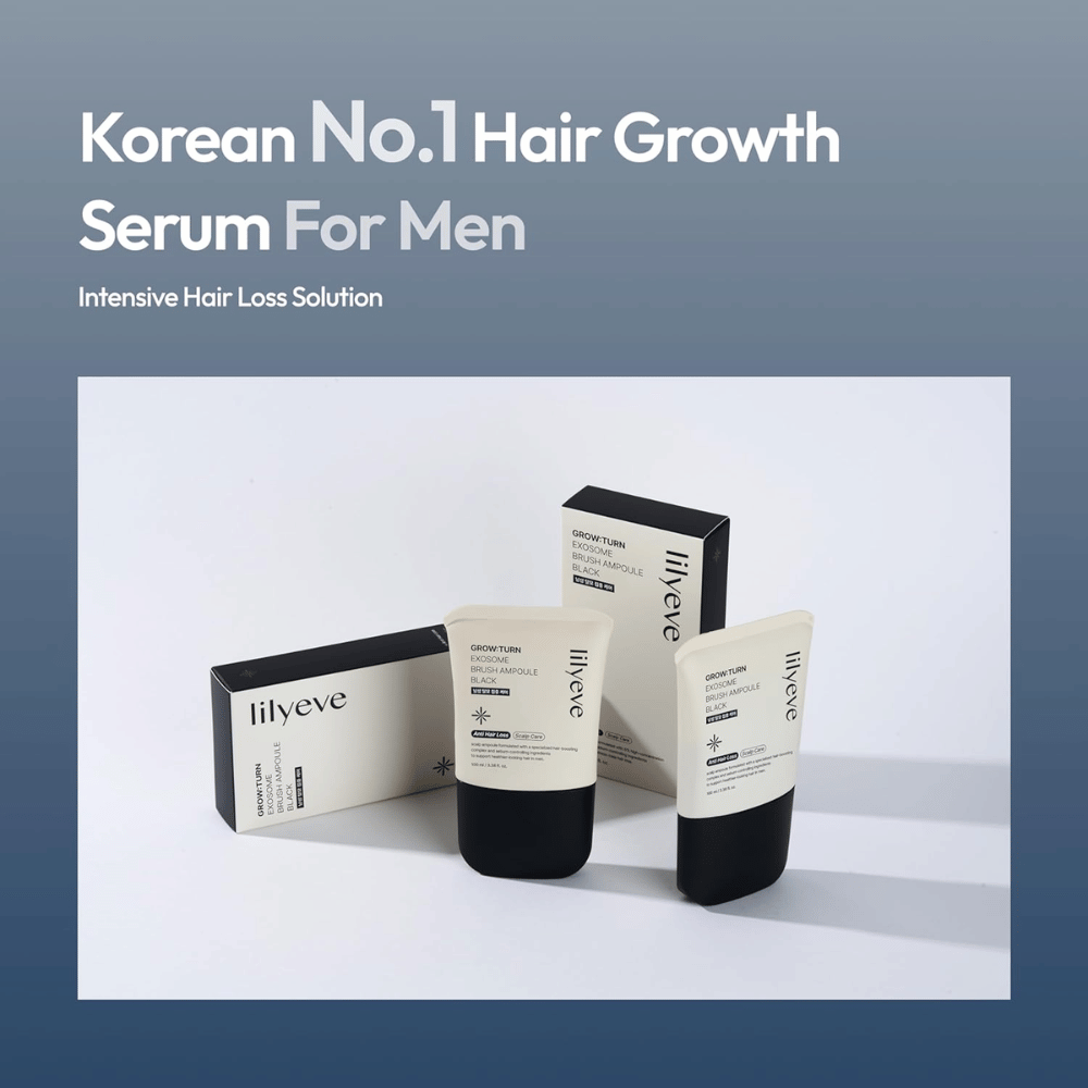 Imagem do produto e da embalagem de LILYEVE Grow:Turn Exosome Brush Ampoule Prime. A imagem destaca o sérum como um produto de cuidado capilar desenvolvido para homens, com foco no cuidado do couro cabeludo e em necessidades relacionadas com a queda de cabelo.