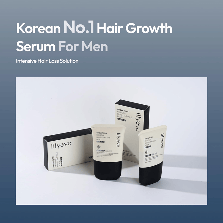 Imagem do produto e da embalagem de LILYEVE Grow:Turn Exosome Brush Ampoule Prime. A imagem destaca o sérum como um produto de cuidado capilar desenvolvido para homens, com foco no cuidado do couro cabeludo e em necessidades relacionadas com a queda de cabelo.