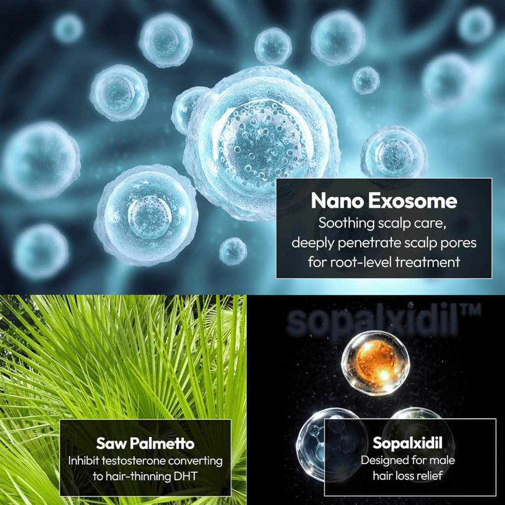 Ilustração dos ingredientes principais do produto, incluindo nanoexossomas, saw palmetto e Sopalxidil™. Os ingredientes são destacados para apoiar o cuidado do couro cabeludo, reduzir a queda de cabelo relacionada com a DHT e reforçar as condições do cabelo.