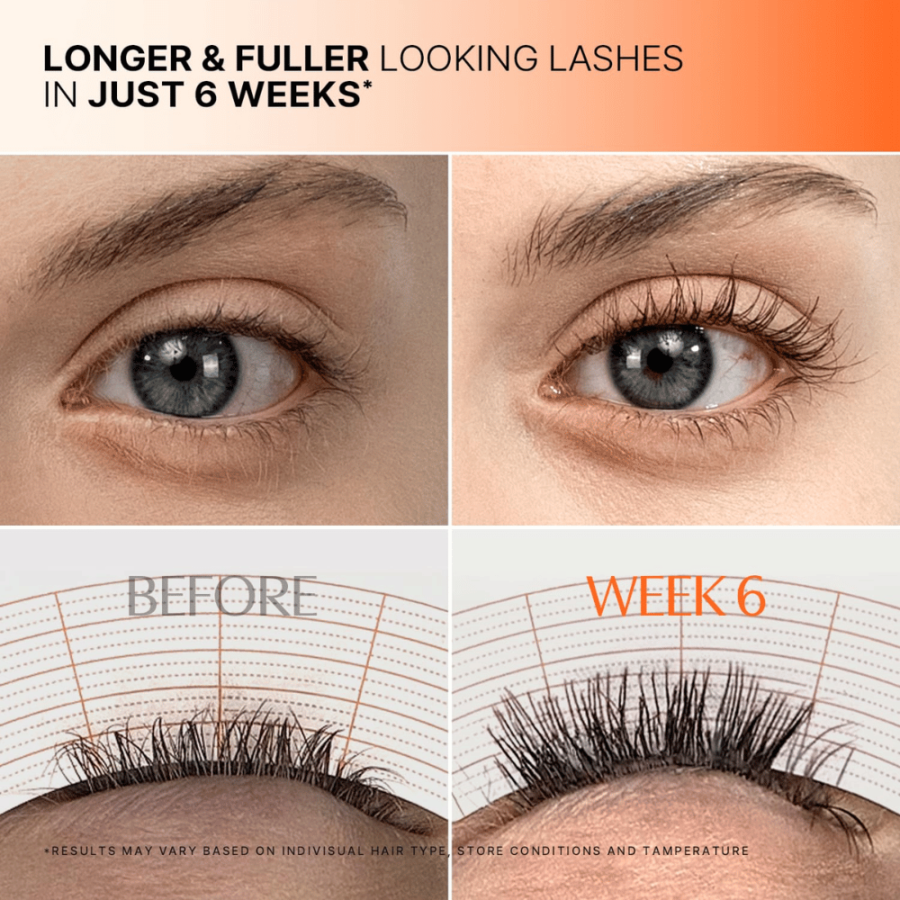 Imagem de antes e depois das pestanas após 6 semanas de utilização de LILYEVE Grow Turn Exosome Dual Lash Serum.