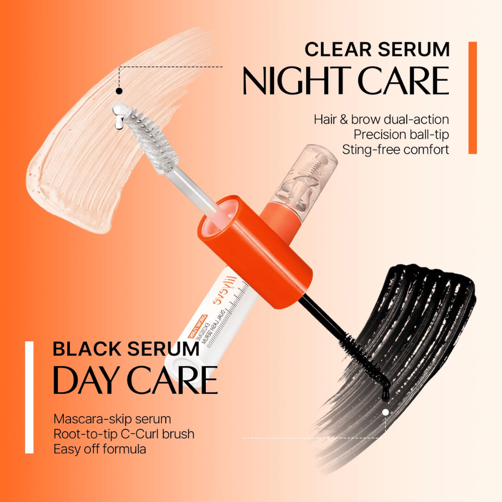 LILYEVE Grow Turn Exosome Dual Lash Serum com sérum de noite transparente e sérum de dia preto numa embalagem de dupla face.