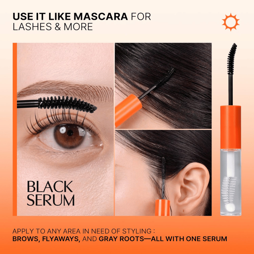 LILYEVE Grow Turn Exosome Dual Lash Serum – sérum preto para o dia, aplicado nas pestanas, sobrancelhas e linha do cabelo.