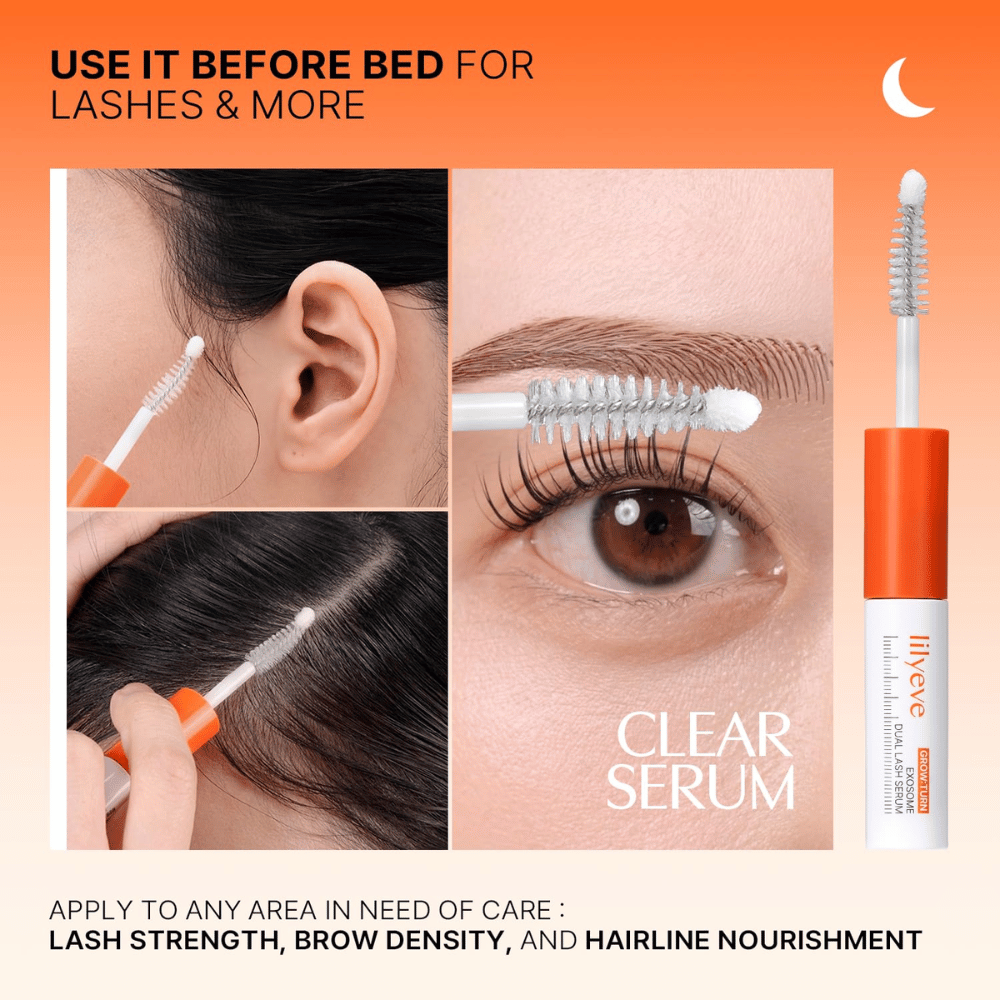 LILYEVE Grow Turn Exosome Dual Lash Serum – sérum transparente para o cuidado noturno das pestanas, sobrancelhas e linha do cabelo.