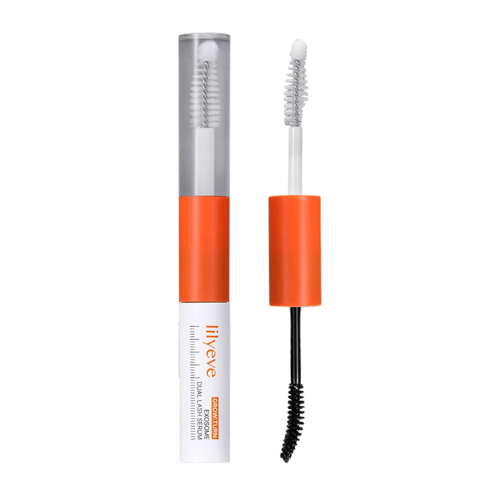 LILYEVE Grow Turn Exosome Dual Lash Serum – sérum de pestanas de dupla face com sérum transparente e preto, bem como dois aplicadores.