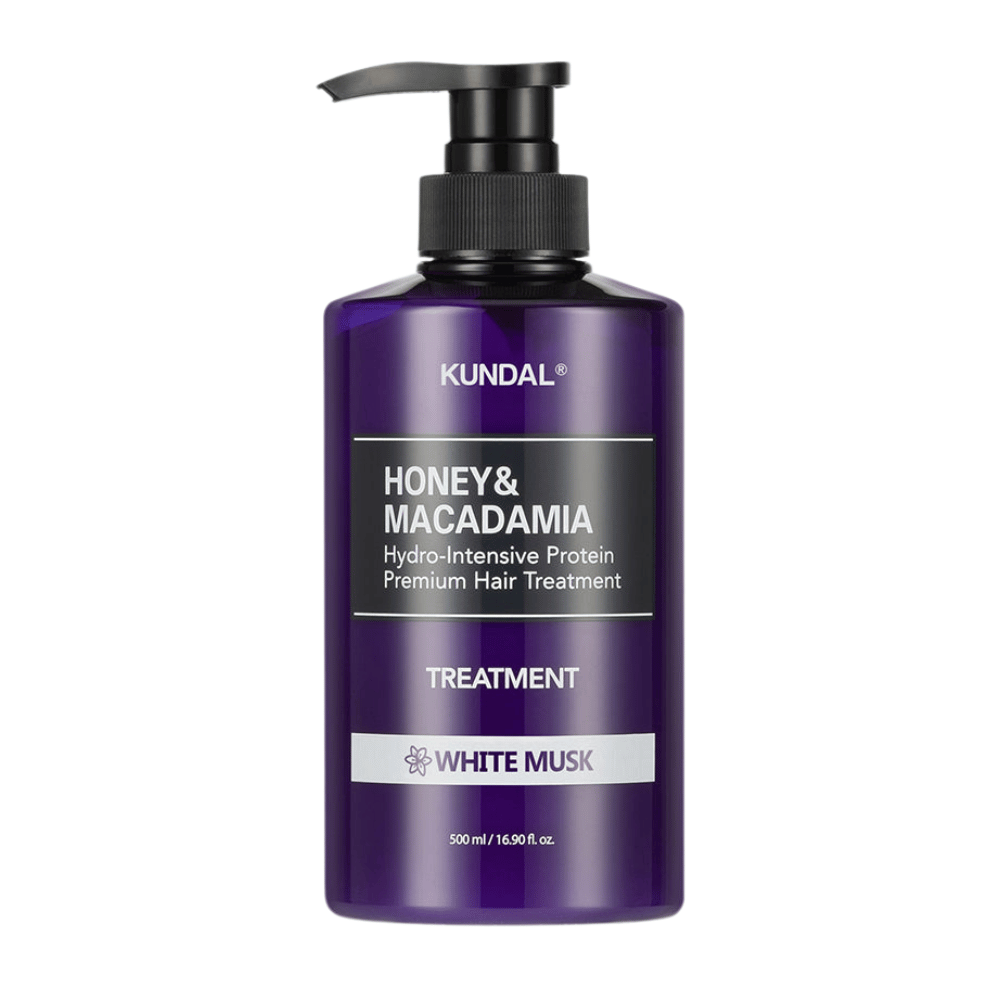 KUNDAL Mel & Macadâmia Hidro-Intensivo Proteína Premium Cabelo Treatment Almíscar Branco em garrafa de bomba roxa, 500 ml.