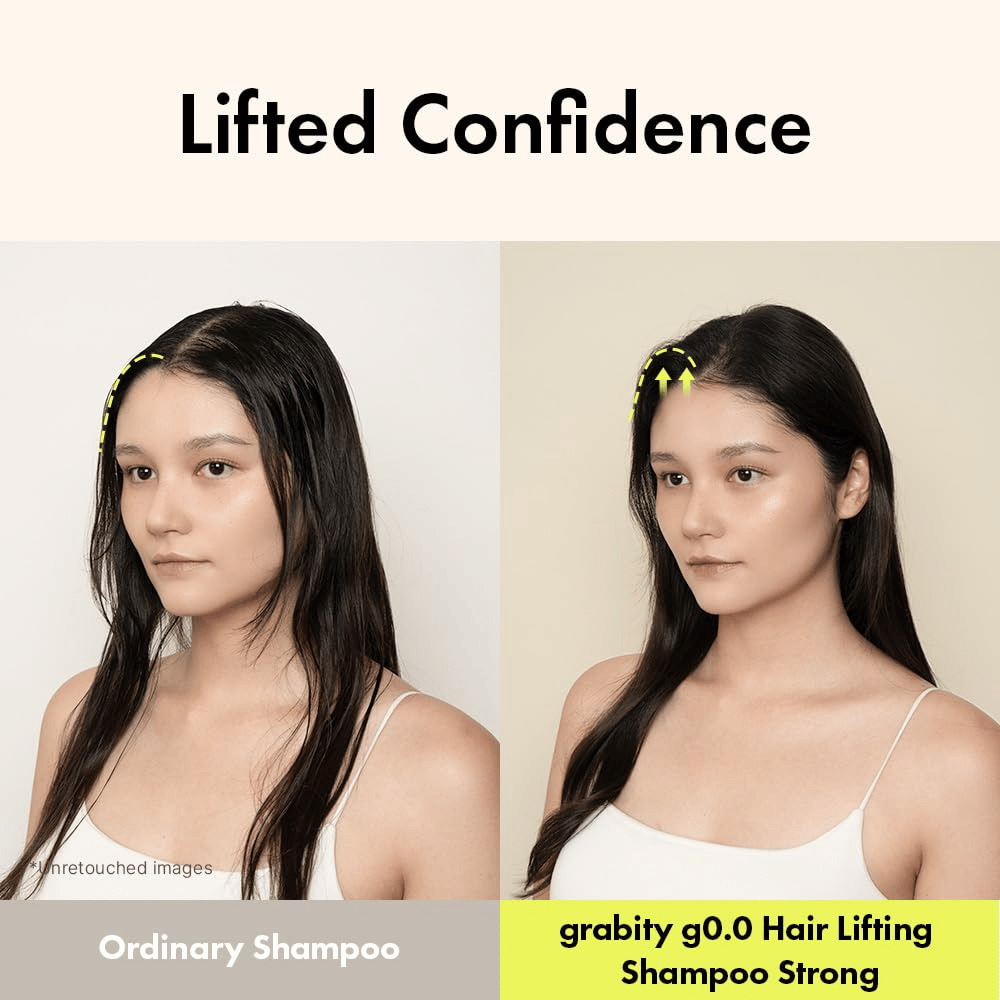 Imagem de antes e depois que mostra maior volume e elevação na raiz após a utilização de Grabity g0.0 Hair Lifting Shampoo Strong para cabelo fino e liso.