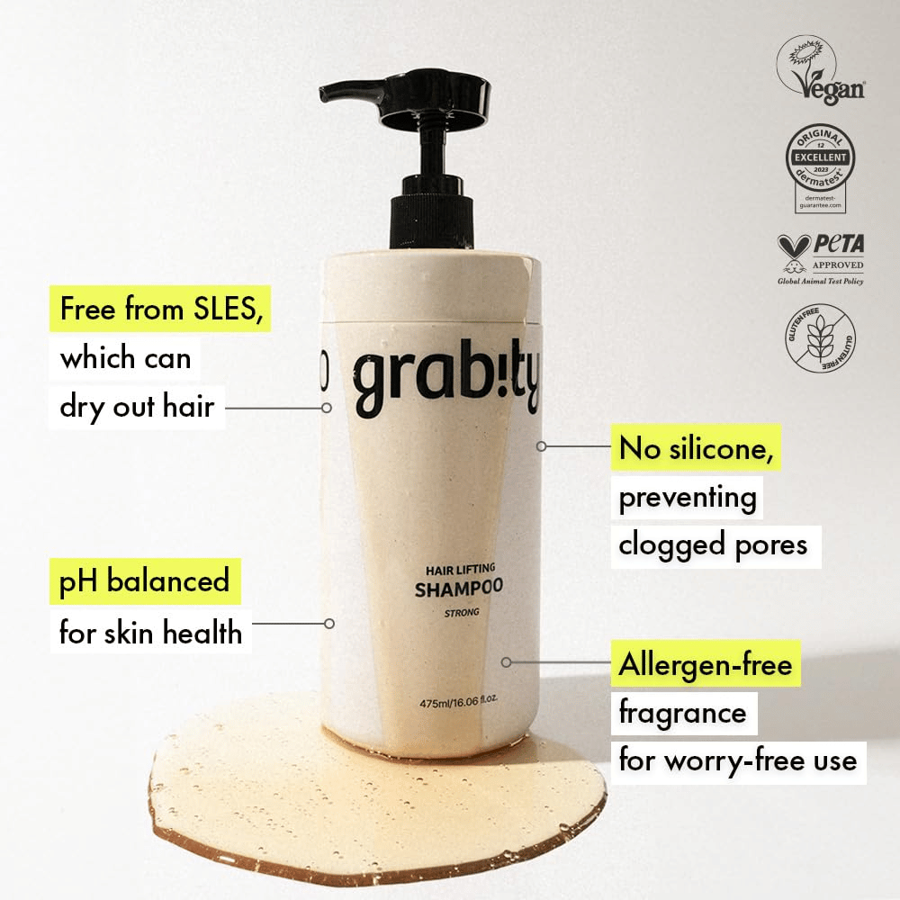 Grabity g0.0 Hair Lifting Shampoo Strong com informação sobre fórmula sem SLES, composição sem silicones, fragrância sem alergénios e certificações para cuidados capilares veganos e suaves.