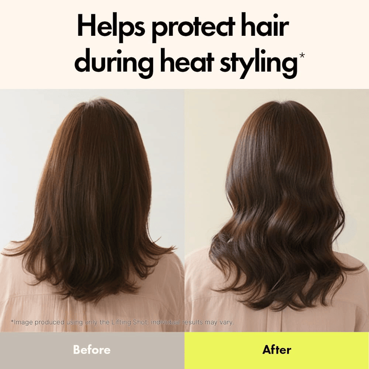 Imagem de antes e depois que mostra o efeito de Grabity Hair Lifting Shot. O cabelo parece mais cheio, mais definido e melhor protegido durante o styling com calor após a utilização.