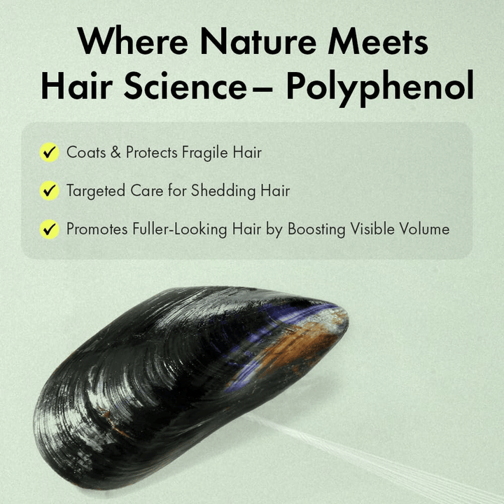 Ilustração da tecnologia de polifenóis inspirada na natureza que ajuda a proteger fibras capilares frágeis, a cuidar do cabelo que parece fino e a contribuir para um aumento de volume.