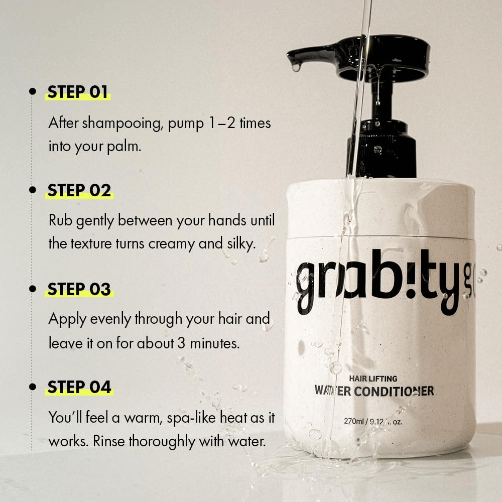 Imagem de instruções para Grabity Hair Lifting Water Conditioner que mostra como o produto é utilizado após a lavagem com champô para proporcionar cuidado, brilho e uma aparência de cabelo mais cheio.