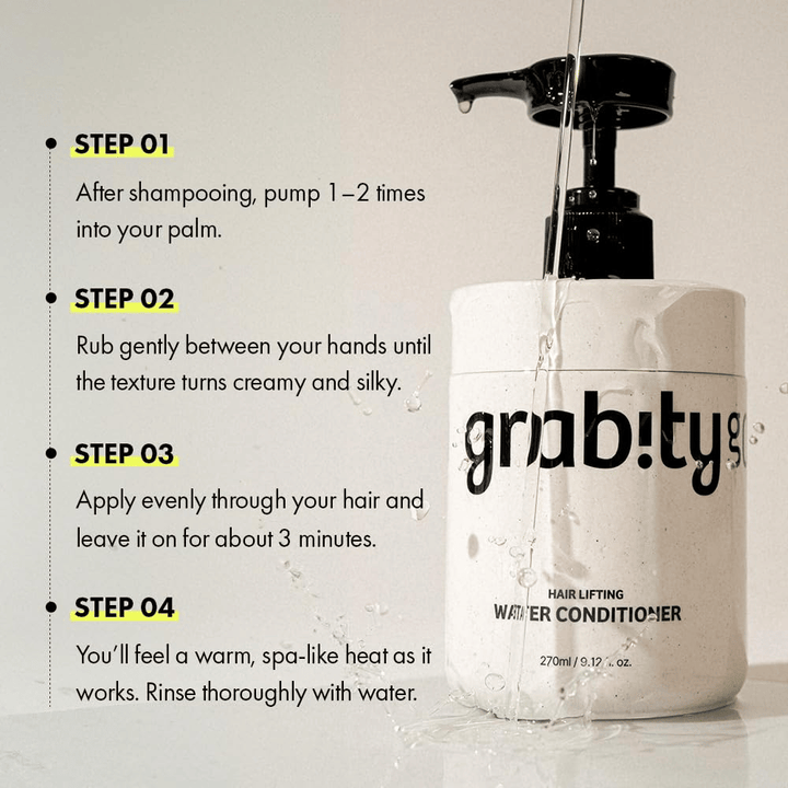 Imagem de instruções para Grabity Hair Lifting Water Conditioner que mostra como o produto é utilizado após a lavagem com champô para proporcionar cuidado, brilho e uma aparência de cabelo mais cheio.