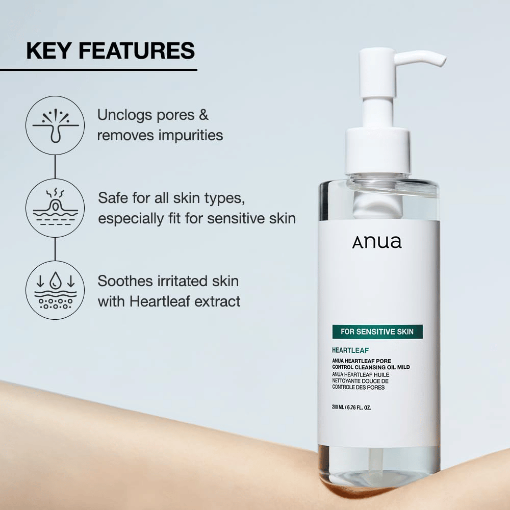 Anua Heartleaf Pore Control Cleansing Oil Mild é um óleo de limpeza suave para todos os tipos de pele, especialmente adequado para pele sensível. Ajuda a: Remover impurezas e limpar os poros. Acalmar a pele irritada com a ajuda do extrato de heartleaf. É seguro para todos os tipos de pele e especialmente adaptado para ser suave e eficaz.