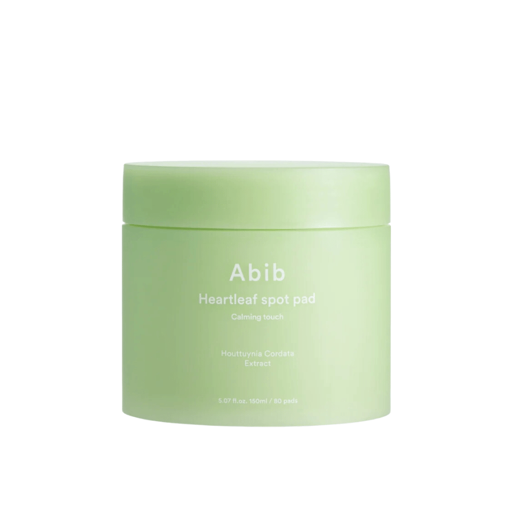 Frasco com Abib Heartleaf Spot Pad Calming Touch, discos calmantes para cuidado da pele com extrato de Houttuynia Cordata.