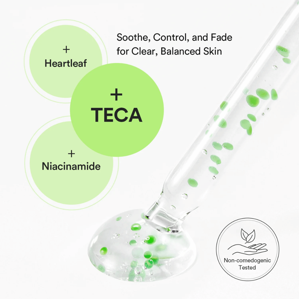 Ilustração do produto que mostra a combinação de Heartleaf, TECA e niacinamida para equilibrar a pele, controlar a oleosidade e reduzir problemas de pele visíveis.