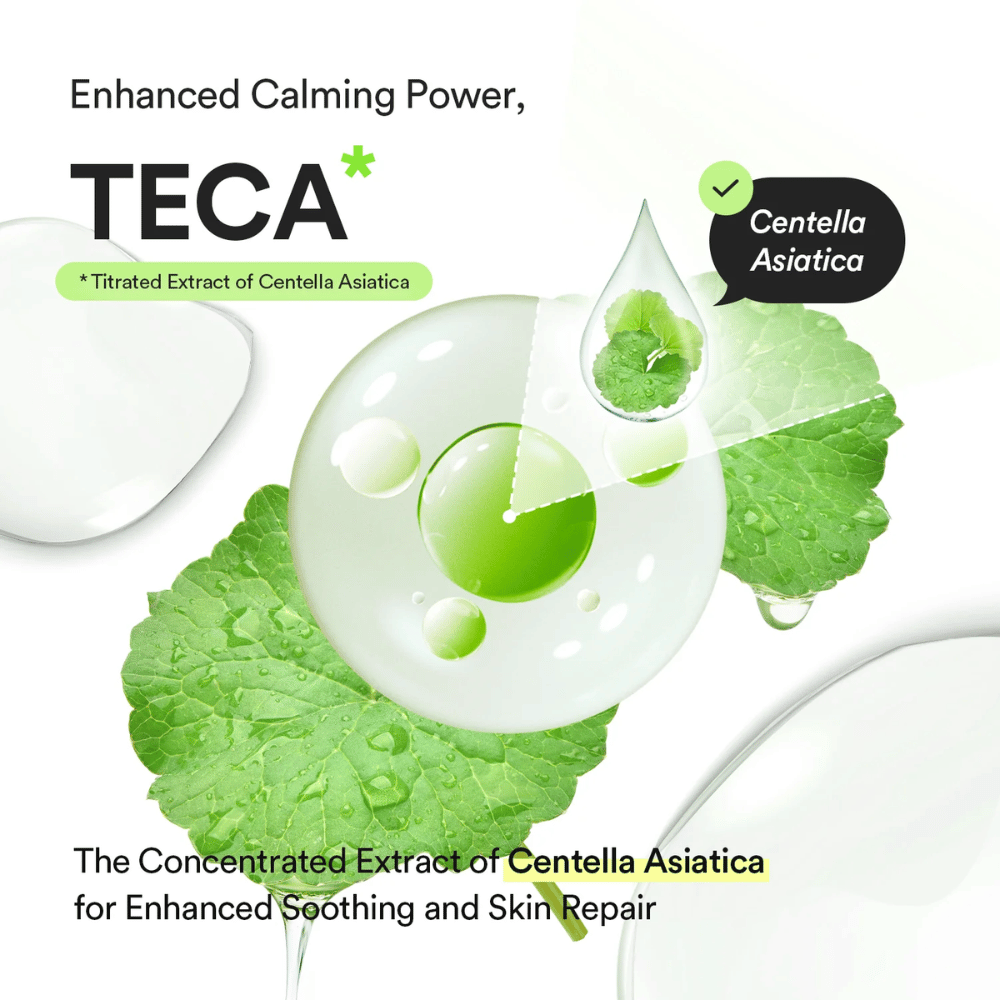 Imagem gráfica de ingredientes que destaca TECA e Centella Asiatica, com foco nas propriedades calmantes e no apoio à reparação da pele e à barreira cutânea.