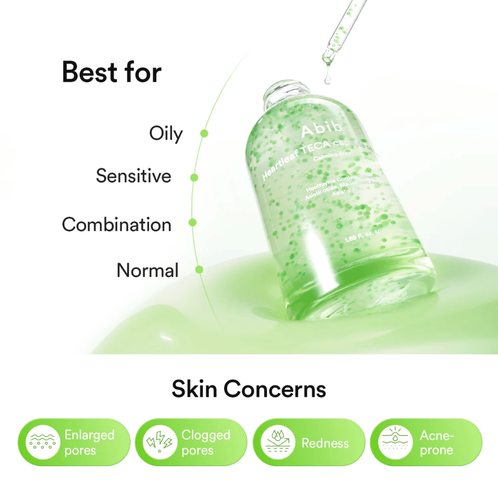 Imagem informativa que mostra que Abib Heartleaf TECA Capsule Serum é adequado para pele oleosa, sensível, mista e normal, e que atua sobre poros, vermelhidão e pele com tendência acneica.