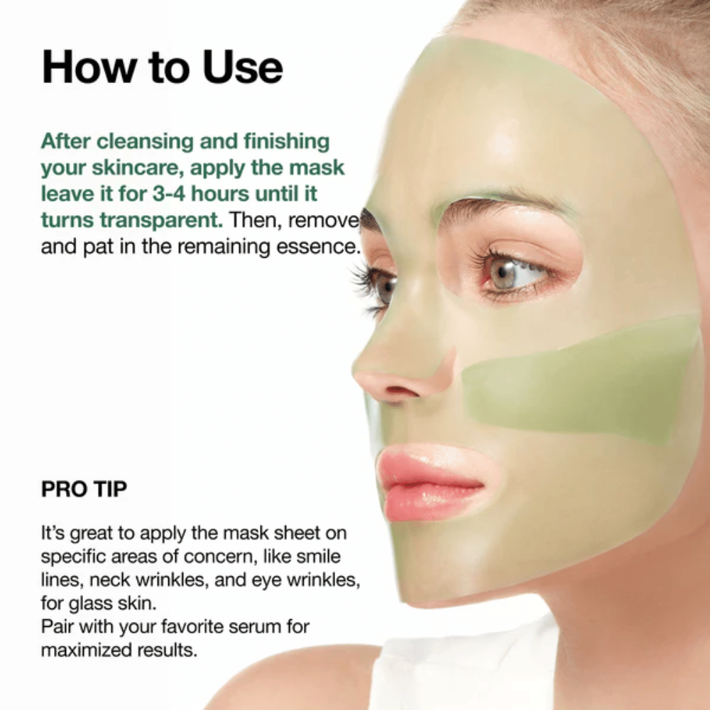 Uma modelo usa uma máscara de hidrogel verde-clara que cobre a maior parte do rosto. A imagem mostra como a máscara é utilizada após a rotina de cuidados de pele e salienta que deve permanecer na pele durante 3–4 horas até se tornar transparente. O foco está na hidratação de longa duração e na absorção eficaz da essência pela pele.