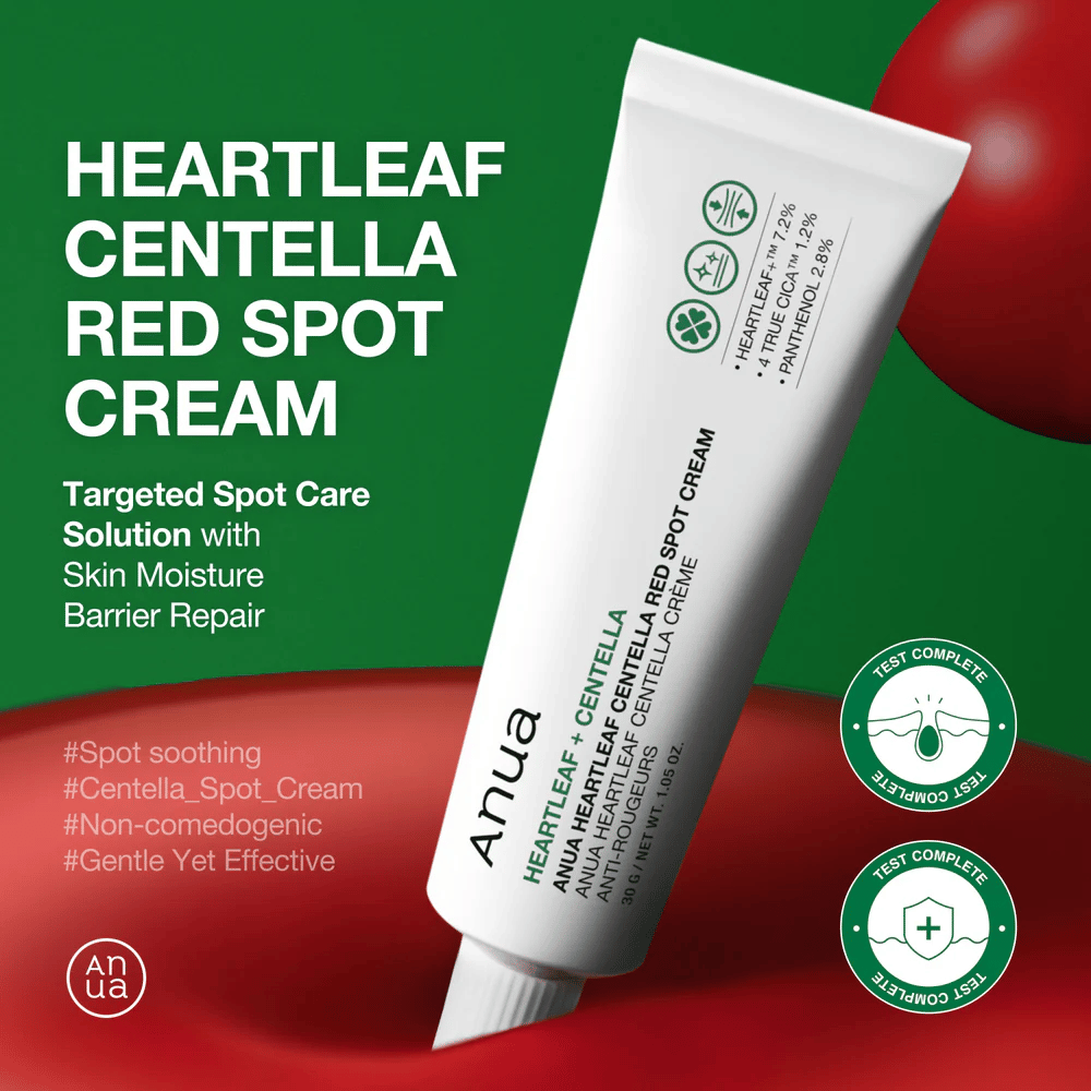 Anua Heartleaf Centella Red Spot Cream em tubo branco apresentado contra fundo verde, com foco em tratamento pontual, reparação da barreira de hidratação e fórmula testada e suave.