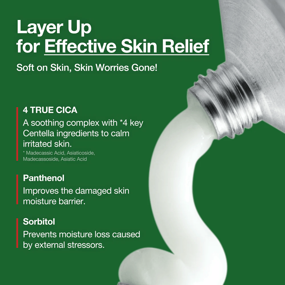 Anua Heartleaf Centella Red Spot Cream com creme branco pressionado para fora do tubo, ingredientes destacados como 4 True Cica, Panthenol e Sorbitol para efeito calmante e hidratante.