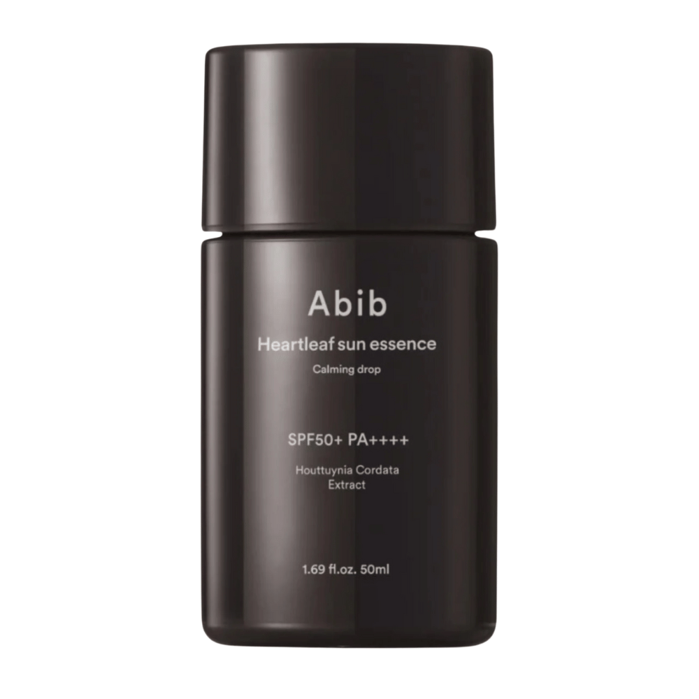 Imagem do produto Abib Heartleaf Sun Essence Calming Drop em embalagem preta com texto branco e SPF50+ PA++++, 50 ml.
