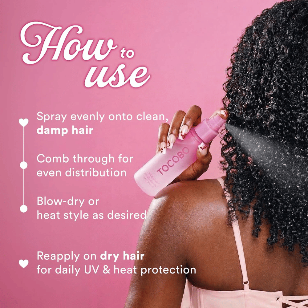 TOCOBO Heat Proof Hair Mist #01 Lowkey Famous – aplicação no cabelo húmido antes da secagem com secador e modelação com calor