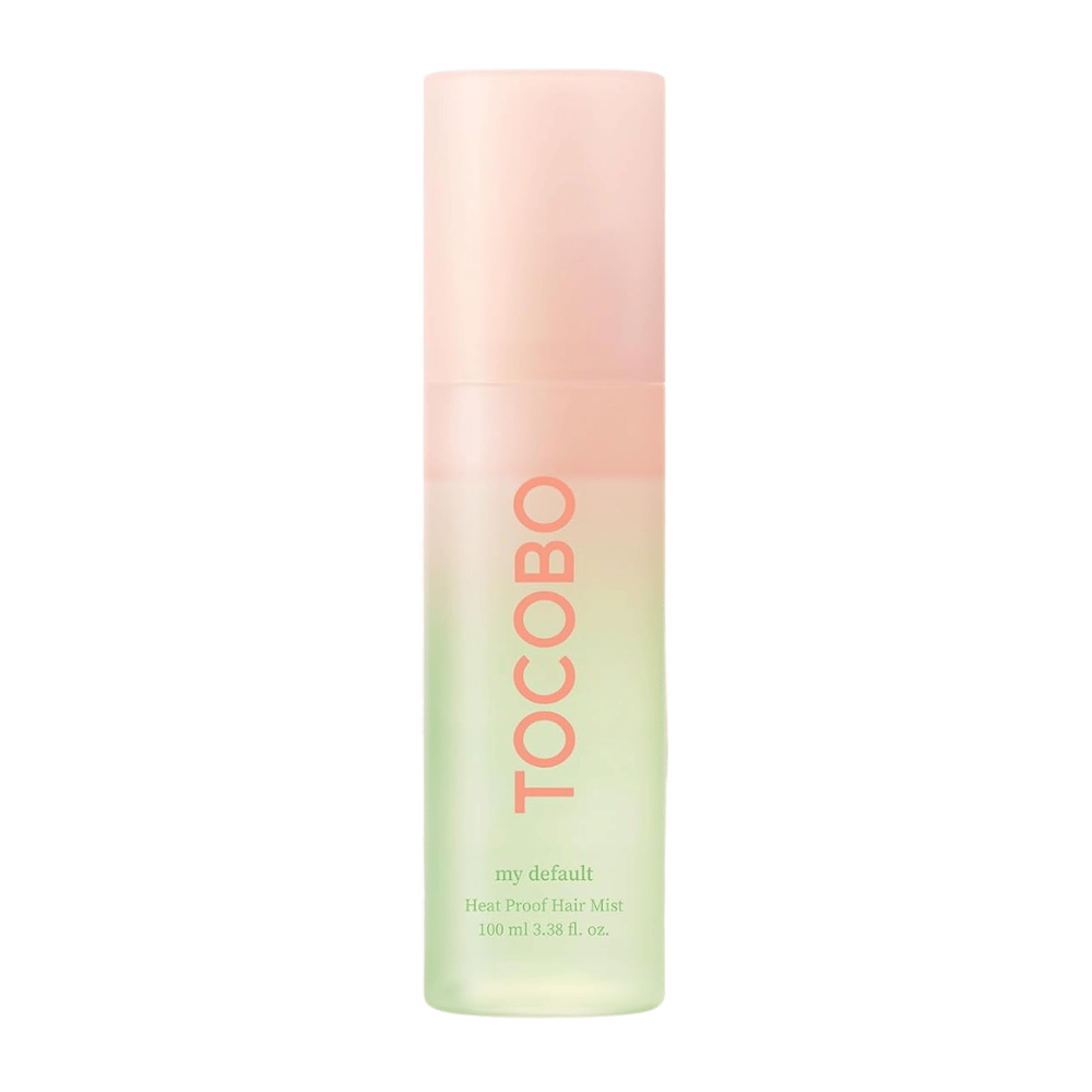 1. TOCOBO Heat Proof Hair Mist #02 My Default 100ml – hair mist com proteção térmica em frasco spray verde e rosa sobre fundo branco