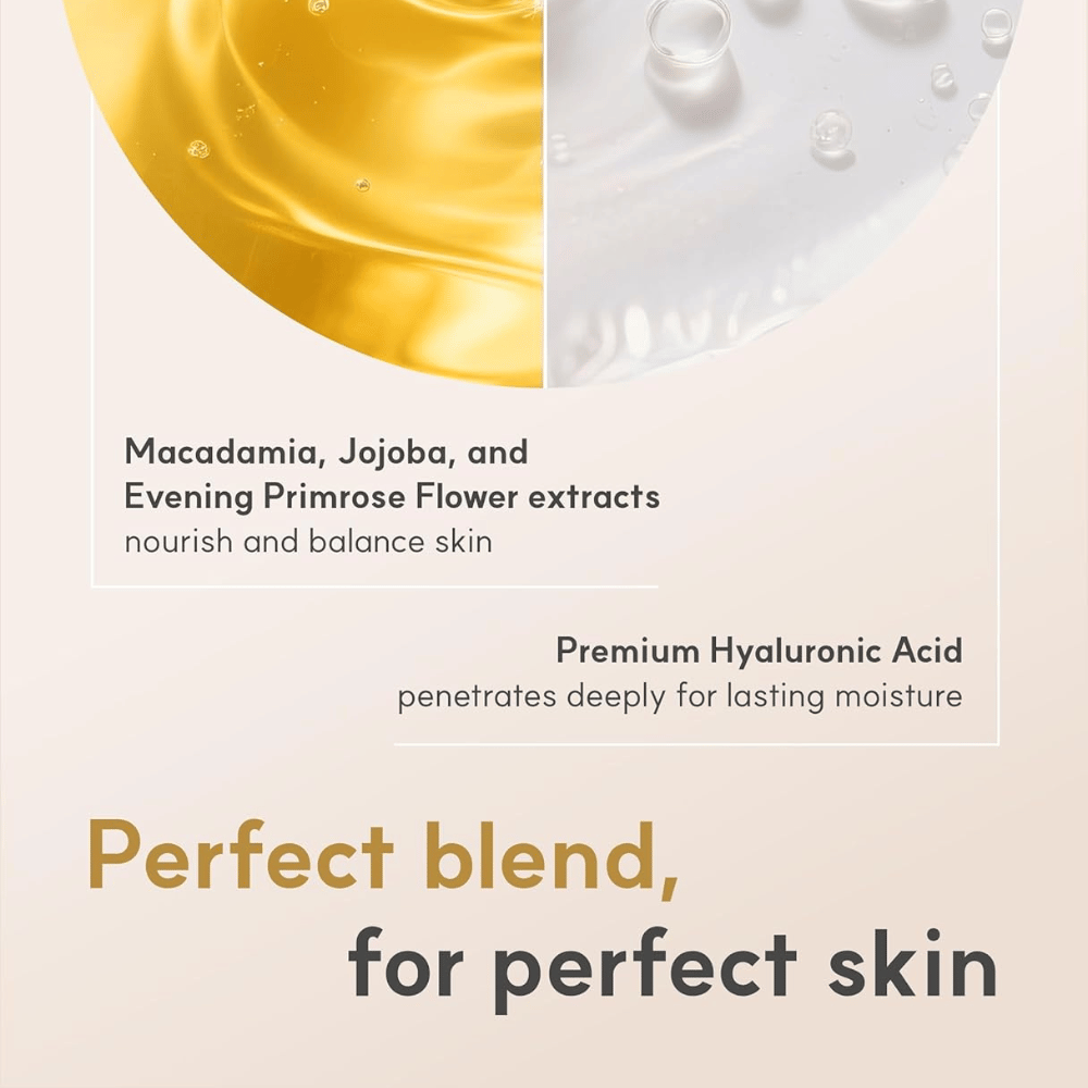 Imagem gráfica dos ingredientes que destaca óleo de macadâmia, óleo de jojoba, óleo de prímula e ácido hialurónico.