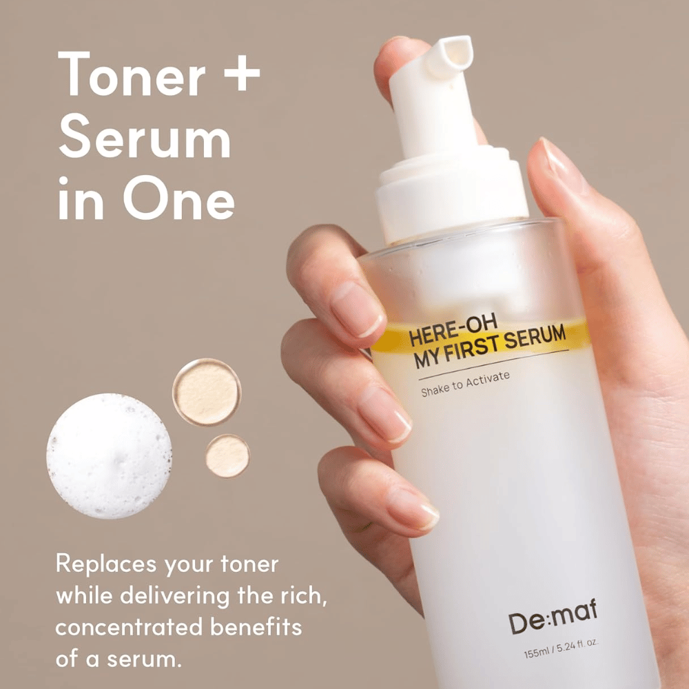 Mostra como o produto combina tónico e sérum num só passo para um cuidado da pele simples e eficaz.